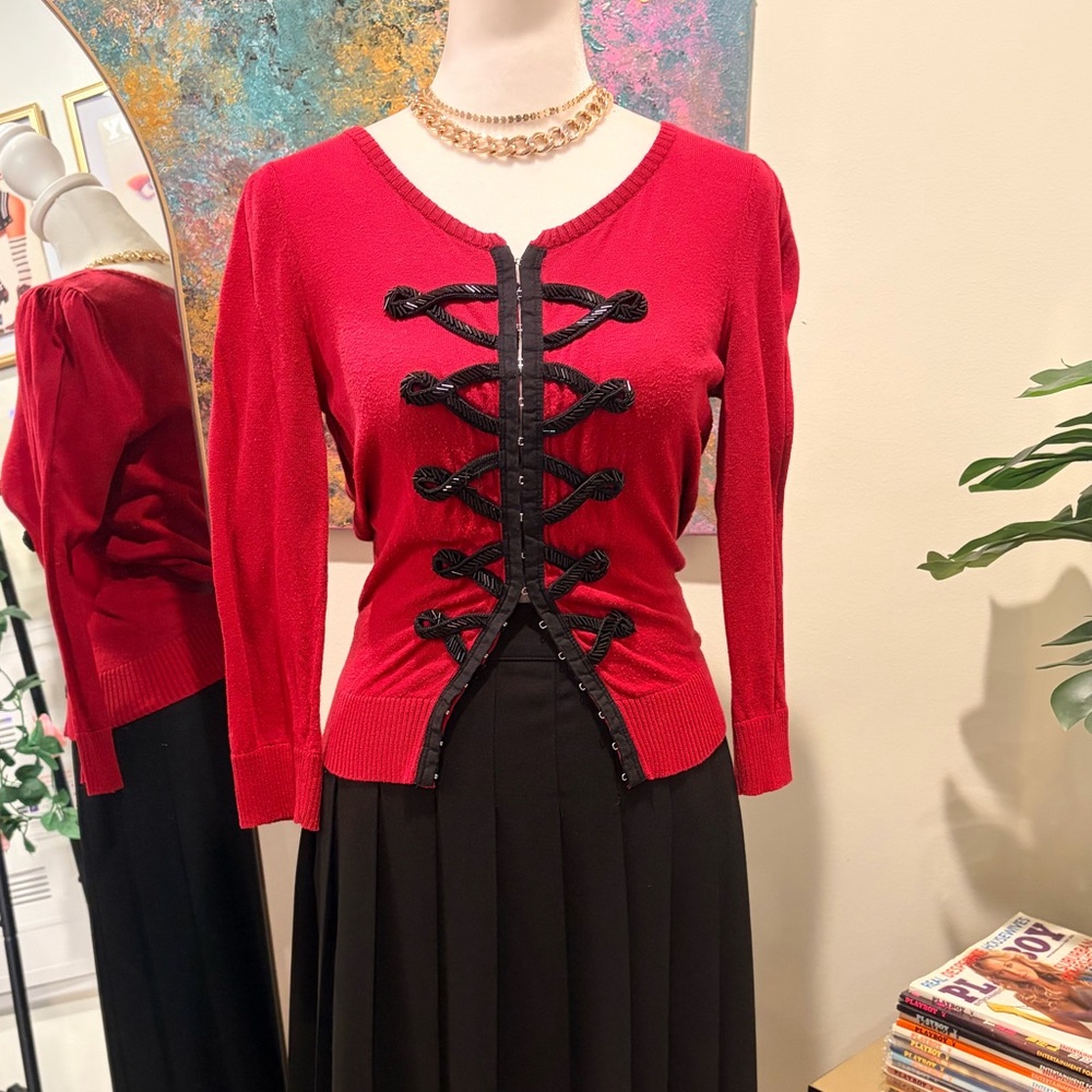 Forever 21 Vintage Beaded Red and Black Band Style Cardigan size Large
